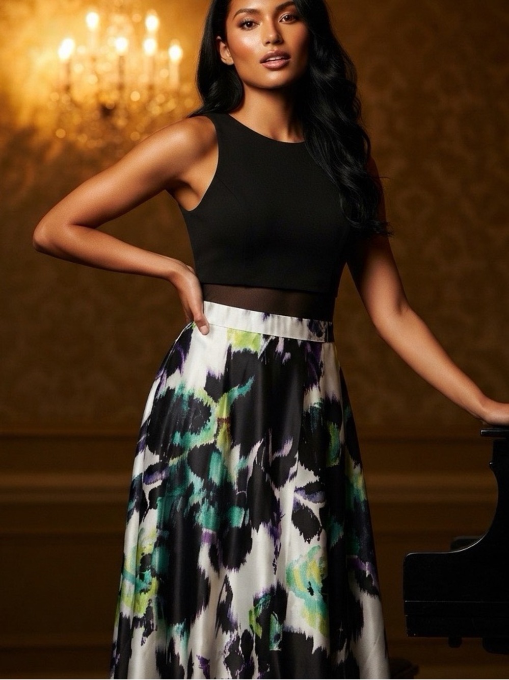 Black & Floral A-Line Illusion midline Gown hidden Pockets by Betsy & Adam SZ 2